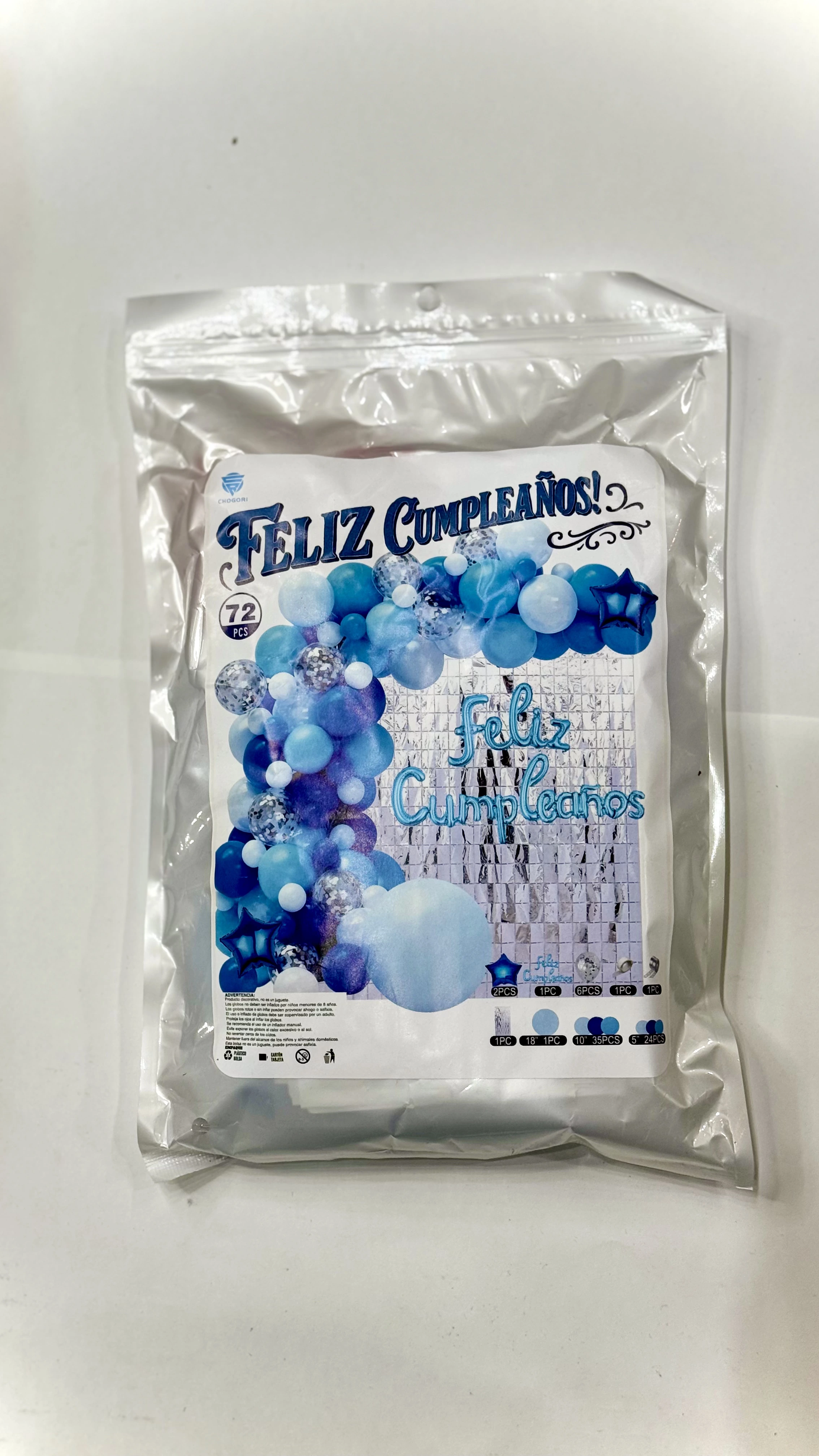 Set de globos cortina Feliz Cumpleaños · celeste y azul