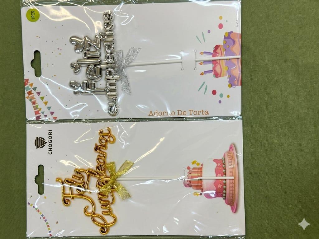 Adorno de torta Feliz Cumpleaños con moño plata y dorado