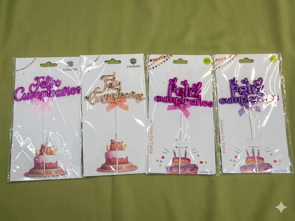 Adorno de torta Feliz Cumpleaños con moño en varios colores