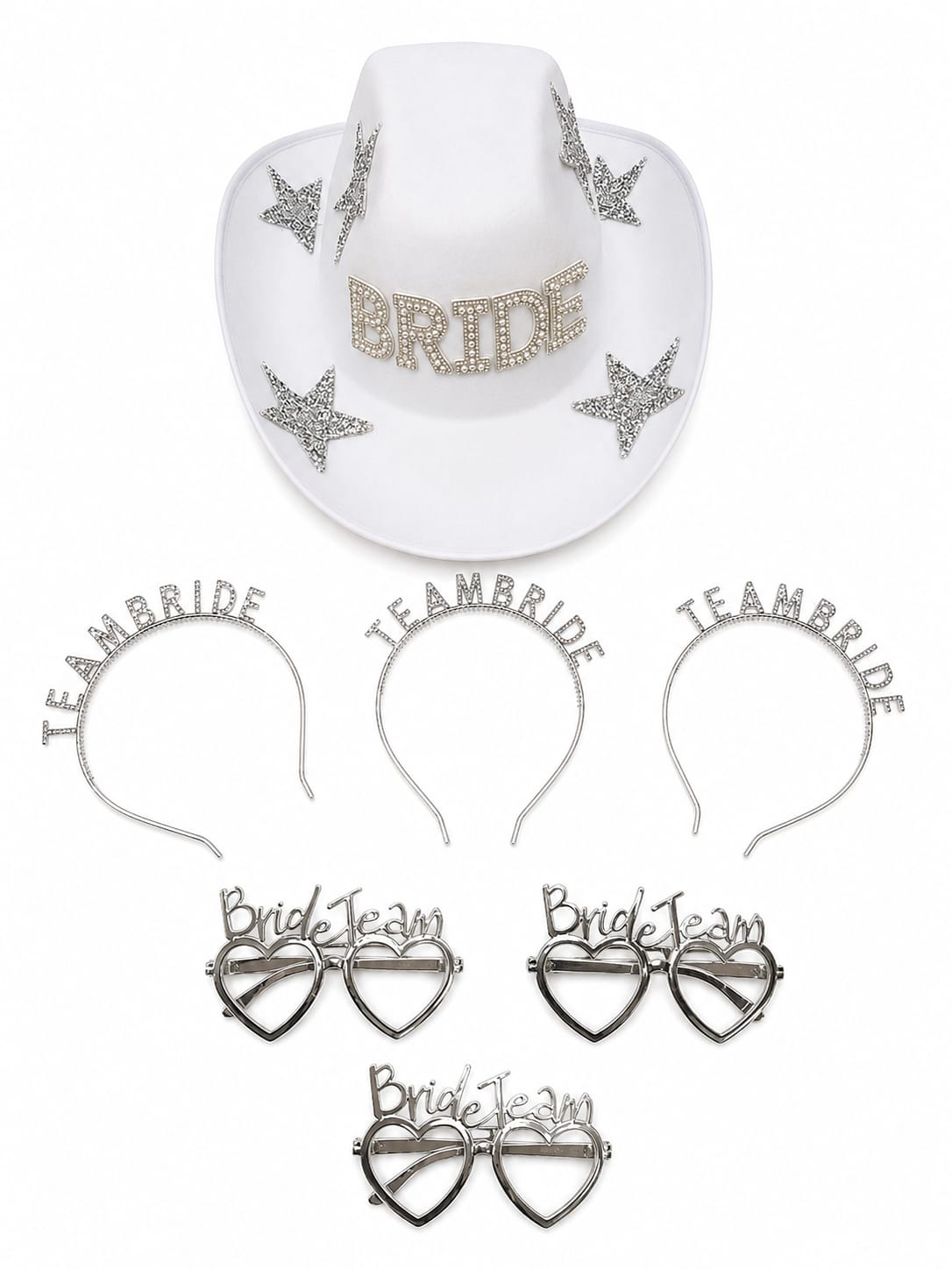 Combo Team Bride con sombrero cowboy de strass, anteojos y vinchas