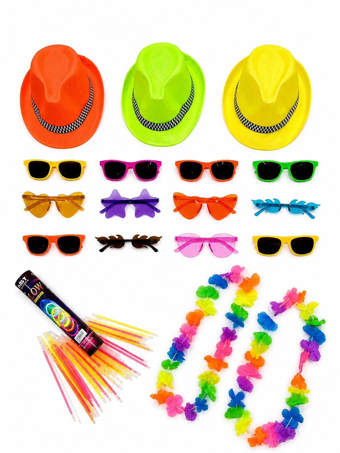 Combo Cotillón con sombreros, anteojos, pulseras neón y collares